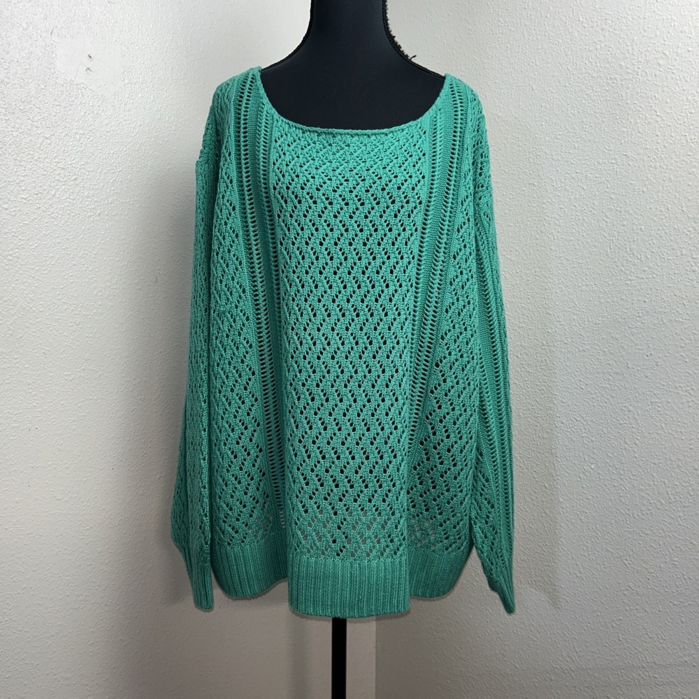 Candace Cameron Bure Sweater Women's 1X Green Knit Pointelle Pull-Over Novelty